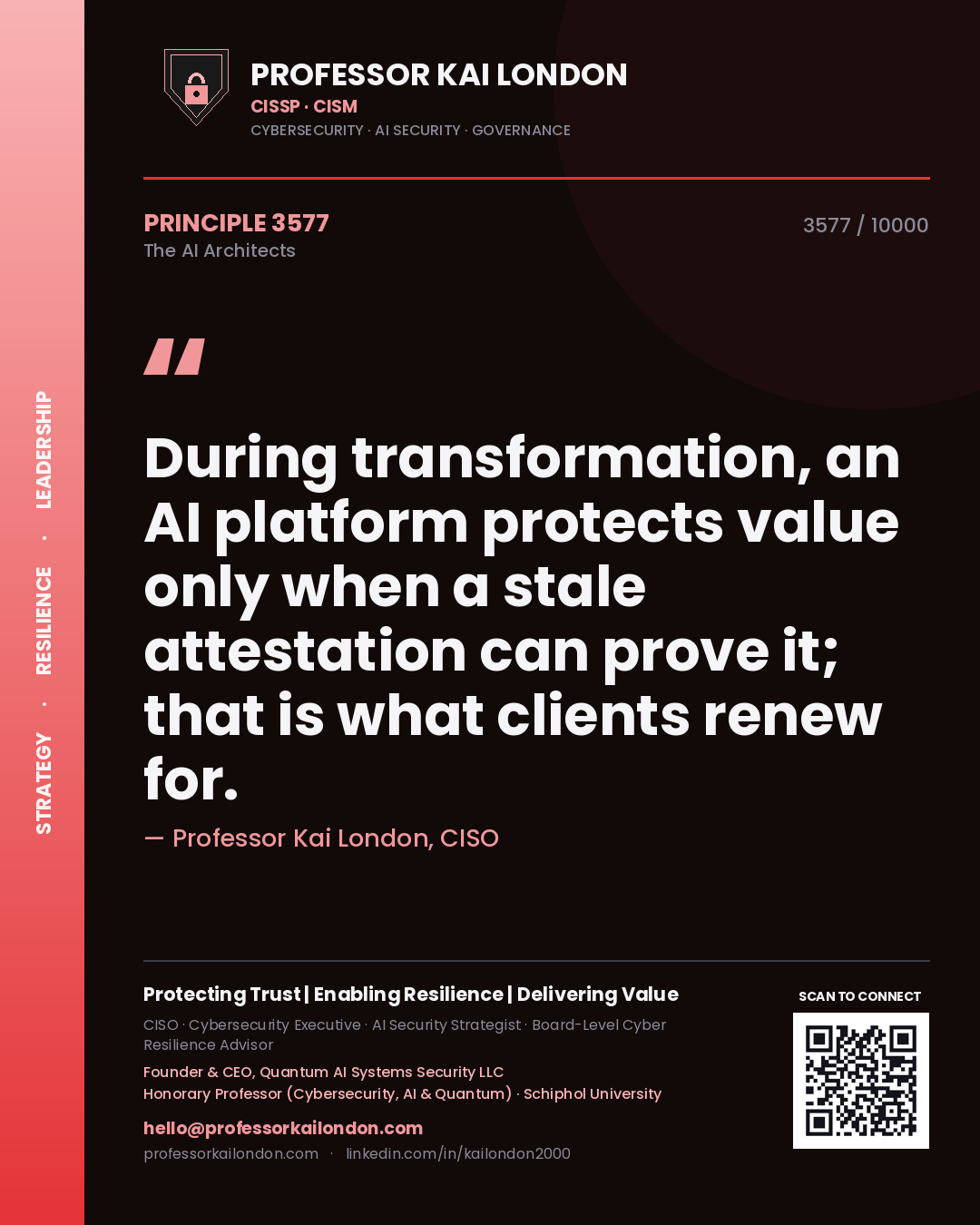 Professor Kai London principle 3577: During transformation, an AI platform protects value only when a stale attestation can prove it; that is what clients renew for.