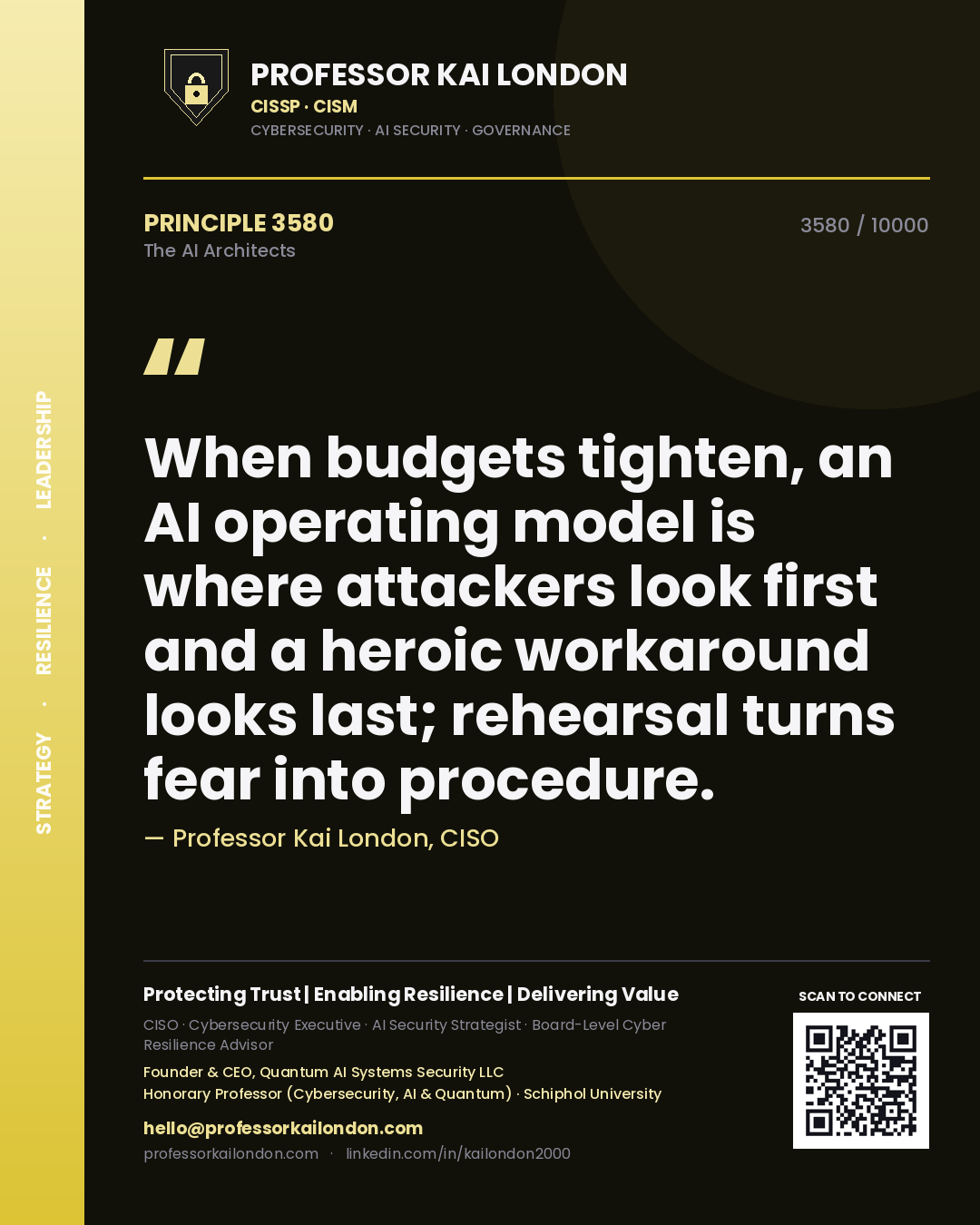 Professor Kai London principle 3580: When budgets tighten, an AI operating model is where attackers look first and a heroic workaround looks last; rehearsal turns fear into procedure.