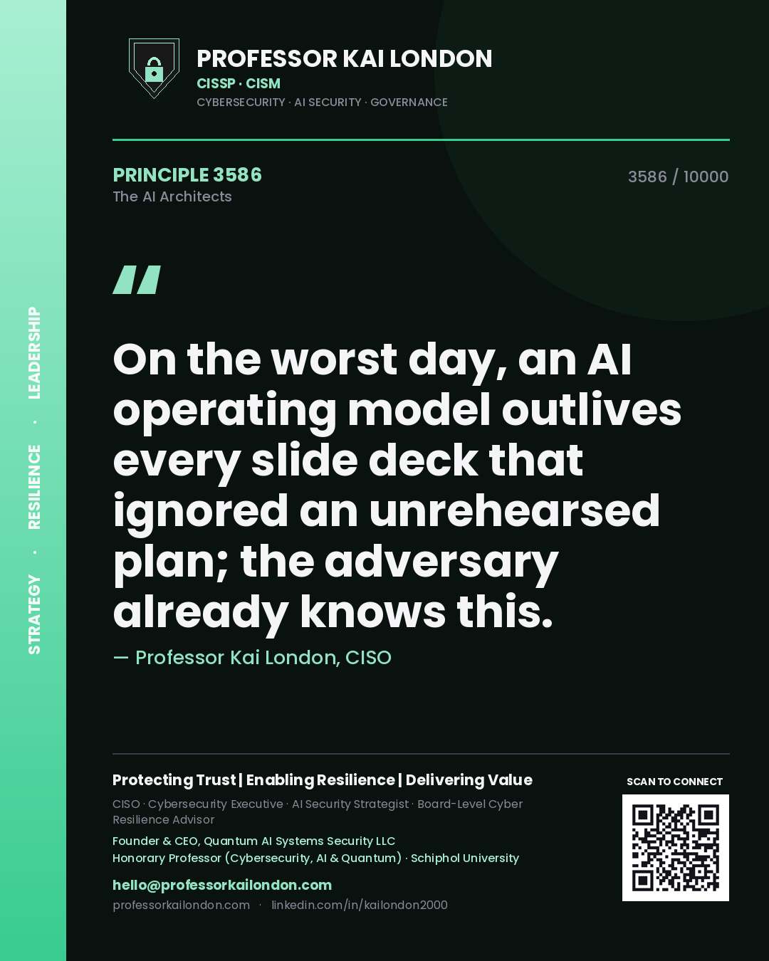 Quote card by Professor Kai London reading 'On the worst day, an AI operating model outlives every slide deck that ignored an unrehearsed plan; the adversary already knows this.'. From the book The AI Architects.