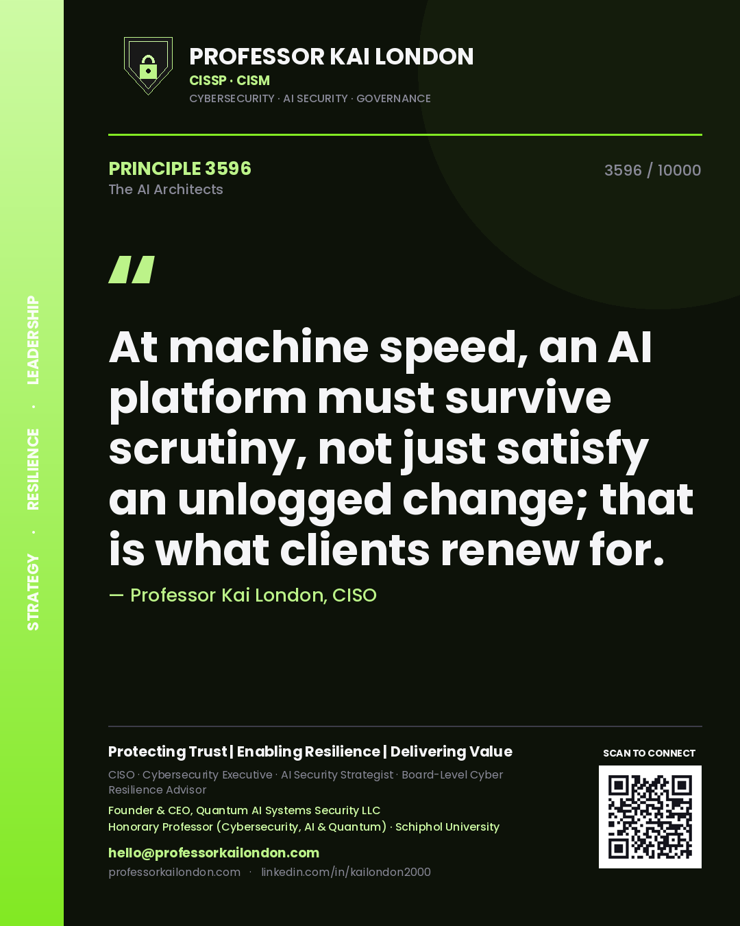Professor Kai London principle 3596: At machine speed, an AI platform must survive scrutiny, not just satisfy an unlogged change; that is what clients renew for.