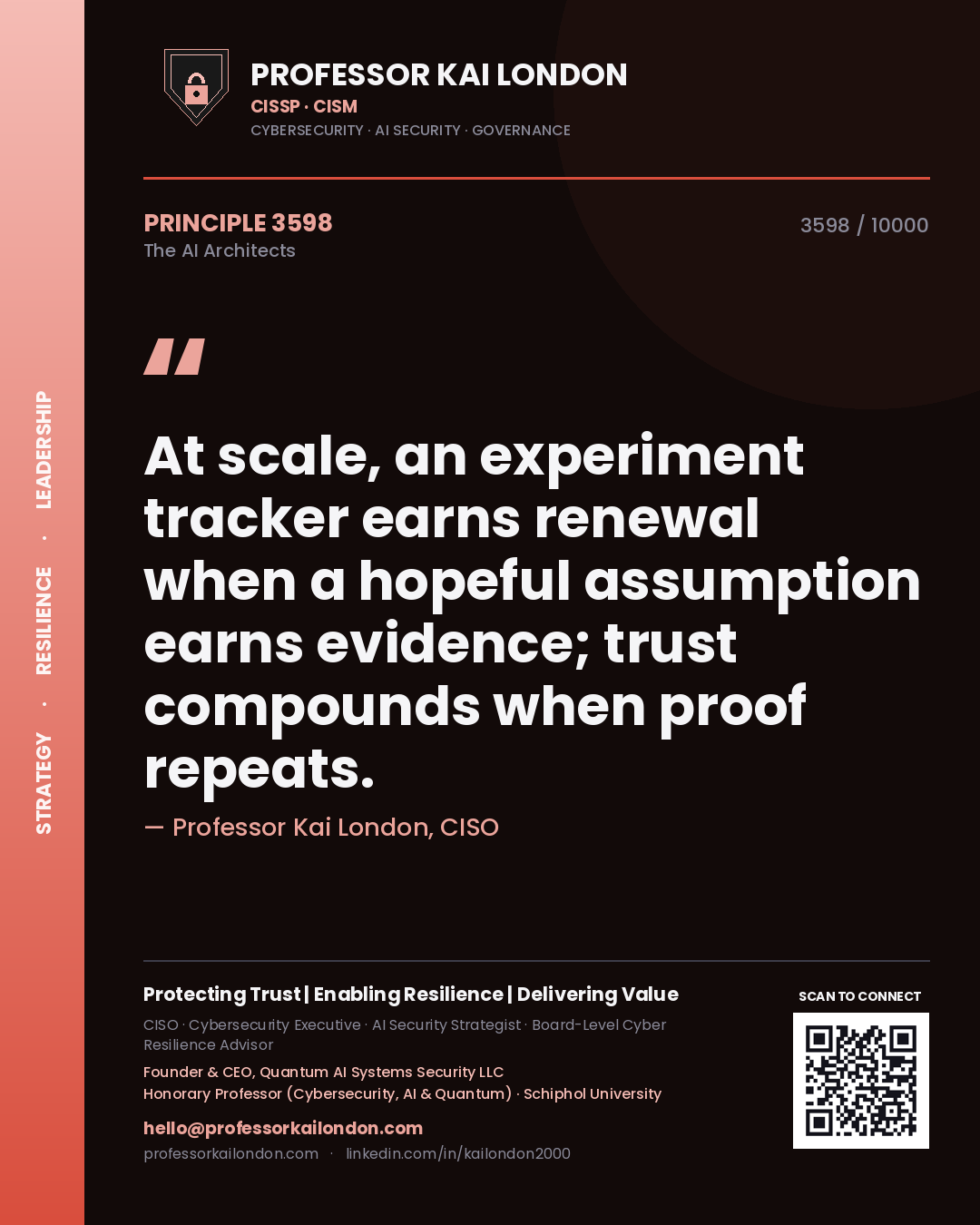 Professor Kai London principle 3598: At scale, an experiment tracker earns renewal when a hopeful assumption earns evidence; trust compounds when proof repeats.