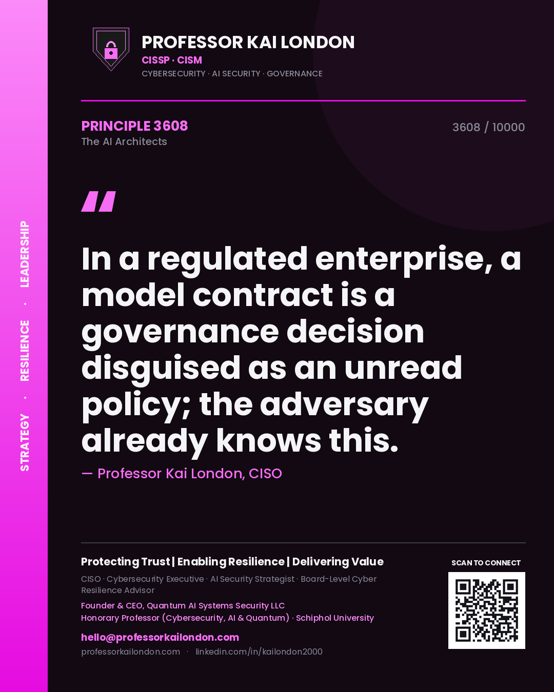 Quote card by Professor Kai London reading 'In a regulated enterprise, a model contract is a governance decision disguised as an unread policy; the adversary already knows this.'. From the book The AI Architects.