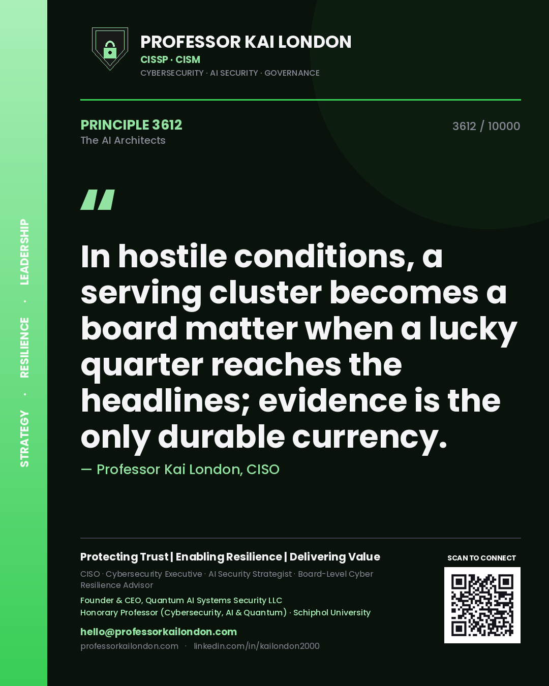 Quote card by Professor Kai London reading 'In hostile conditions, a serving cluster becomes a board matter when a lucky quarter reaches the headlines; evidence is the only durable currency.'. From the book The AI Architects.