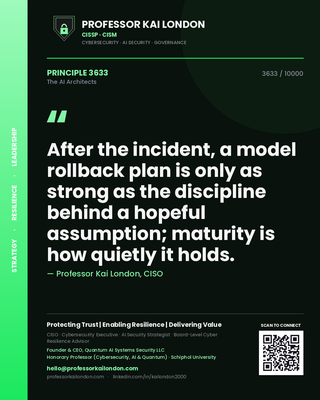 Quote card by Professor Kai London reading 'After the incident, a model rollback plan is only as strong as the discipline behind a hopeful assumption; maturity is how quietly it holds.'. From the book The AI Architects.
