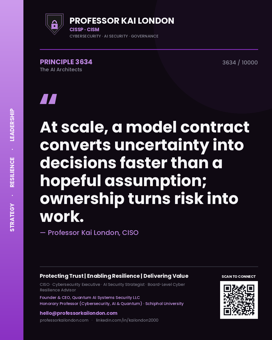 Quote card by Professor Kai London reading 'At scale, a model contract converts uncertainty into decisions faster than a hopeful assumption; ownership turns risk into work.'. From the book The AI Architects.