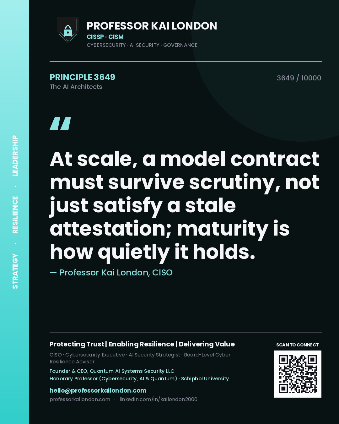 Quote card by Professor Kai London reading 'At scale, a model contract must survive scrutiny, not just satisfy a stale attestation; maturity is how quietly it holds.'. From the book The AI Architects.