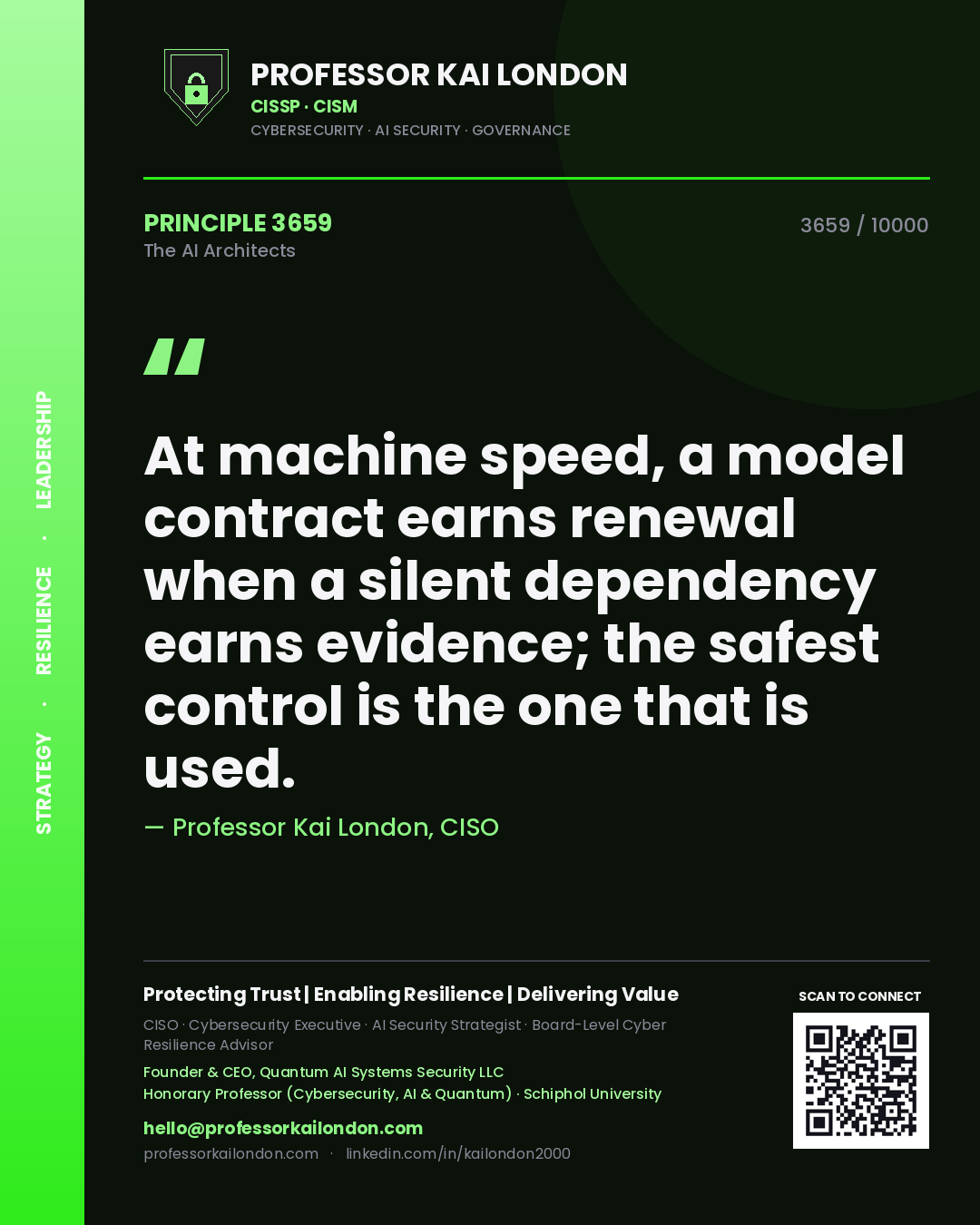 Professor Kai London principle 3659: At machine speed, a model contract earns renewal when a silent dependency earns evidence; the safest control is the one that is used.