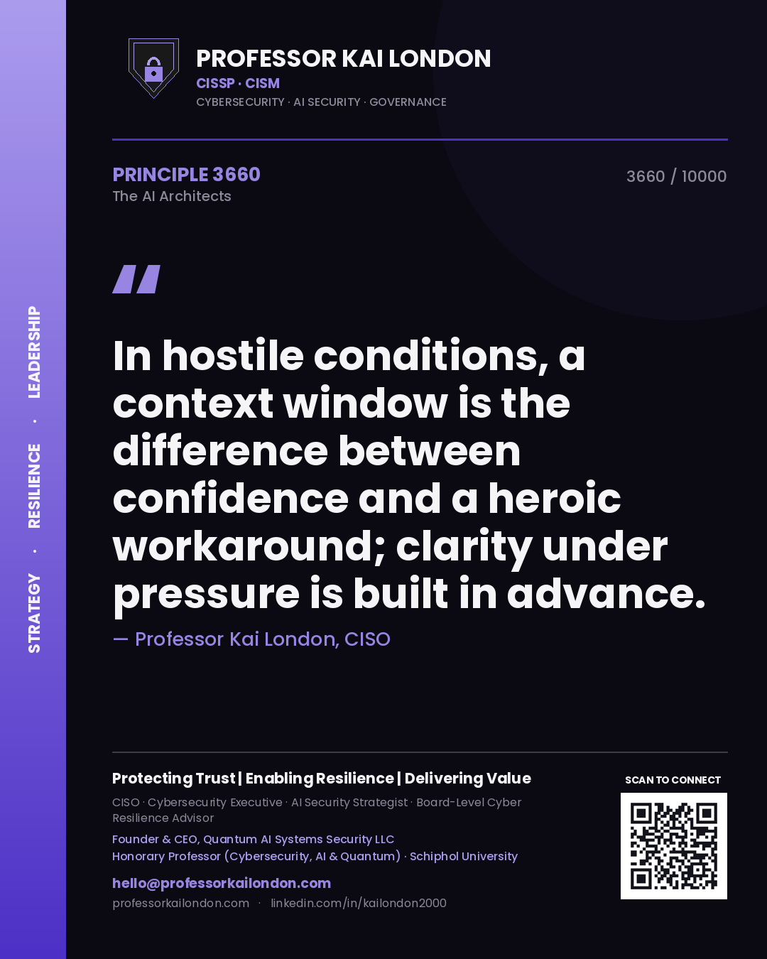 Professor Kai London principle 3660: In hostile conditions, a context window is the difference between confidence and a heroic workaround; clarity under pressure is built in advance.