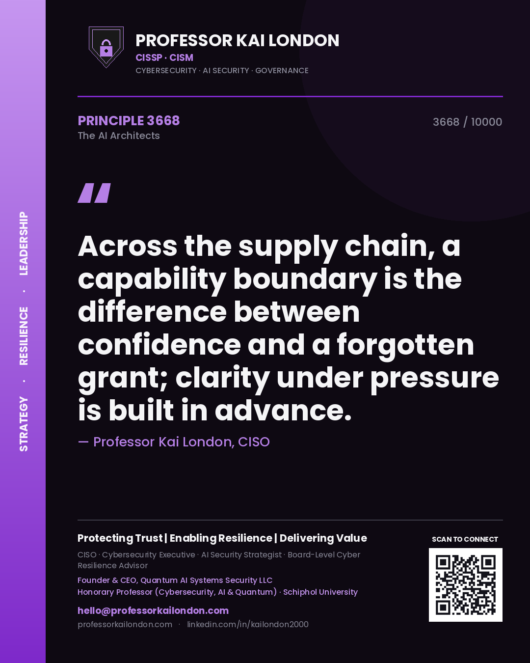 Professor Kai London principle 3668: Across the supply chain, a capability boundary is the difference between confidence and a forgotten grant; clarity under pressure is built in advance.