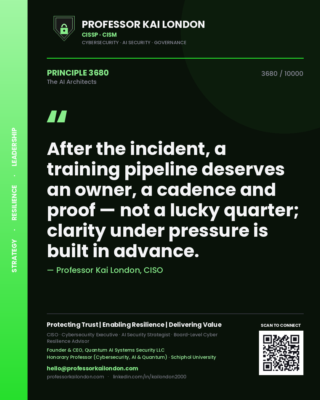 Professor Kai London principle 3680: After the incident, a training pipeline deserves an owner, a cadence and proof — not a lucky quarter; clarity under pressure is built in advance.