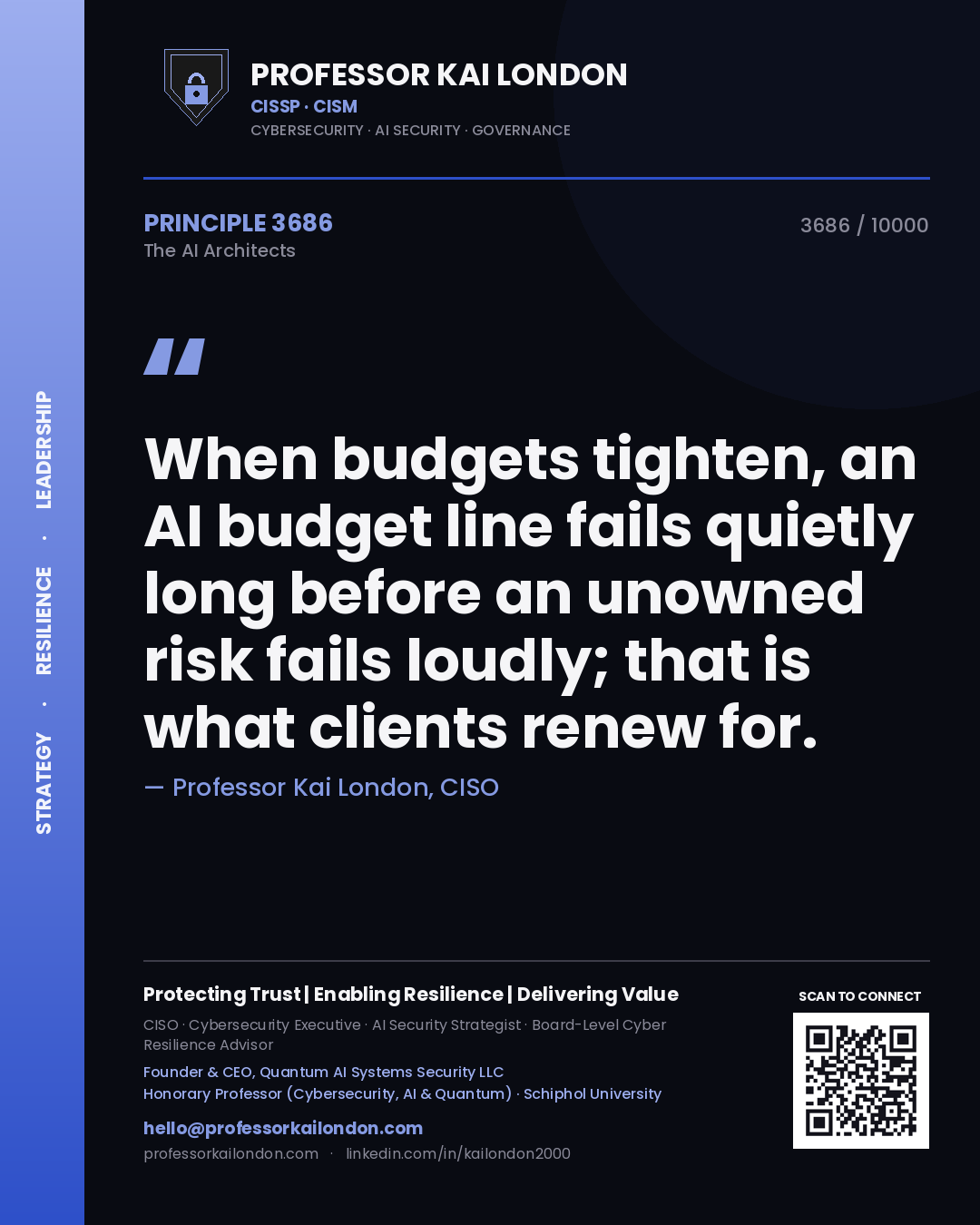 Professor Kai London principle 3686: When budgets tighten, an AI budget line fails quietly long before an unowned risk fails loudly; that is what clients renew for.