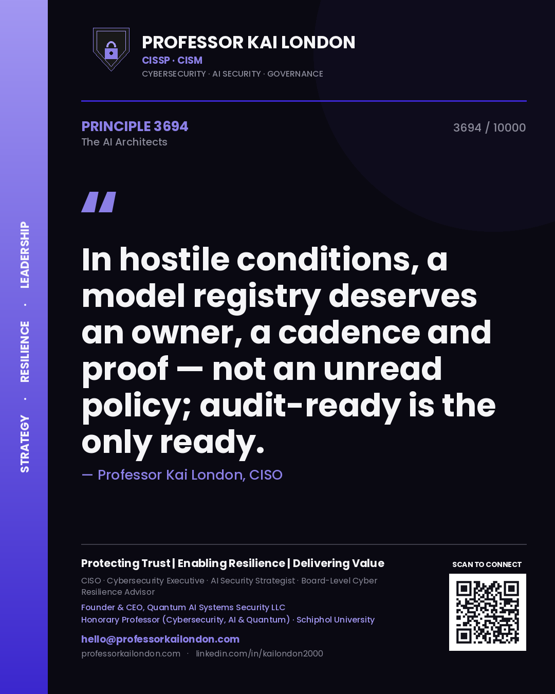 Quote card by Professor Kai London reading 'In hostile conditions, a model registry deserves an owner, a cadence and proof — not an unread policy; audit-ready is the only ready.'. From the book The AI Architects.