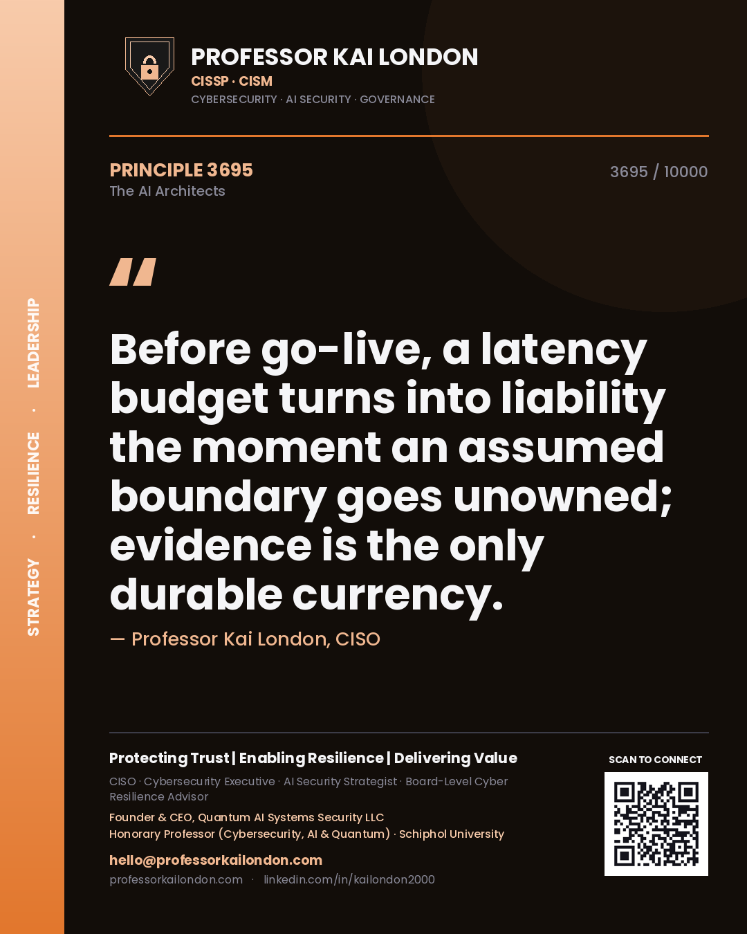 Professor Kai London principle 3695: Before go-live, a latency budget turns into liability the moment an assumed boundary goes unowned; evidence is the only durable currency.