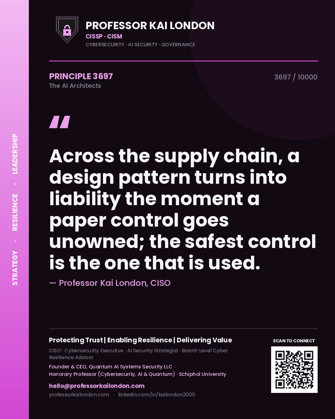 Quote card by Professor Kai London reading 'Across the supply chain, a design pattern turns into liability the moment a paper control goes unowned; the safest control is the one that is used.'. From the book The AI Architects.