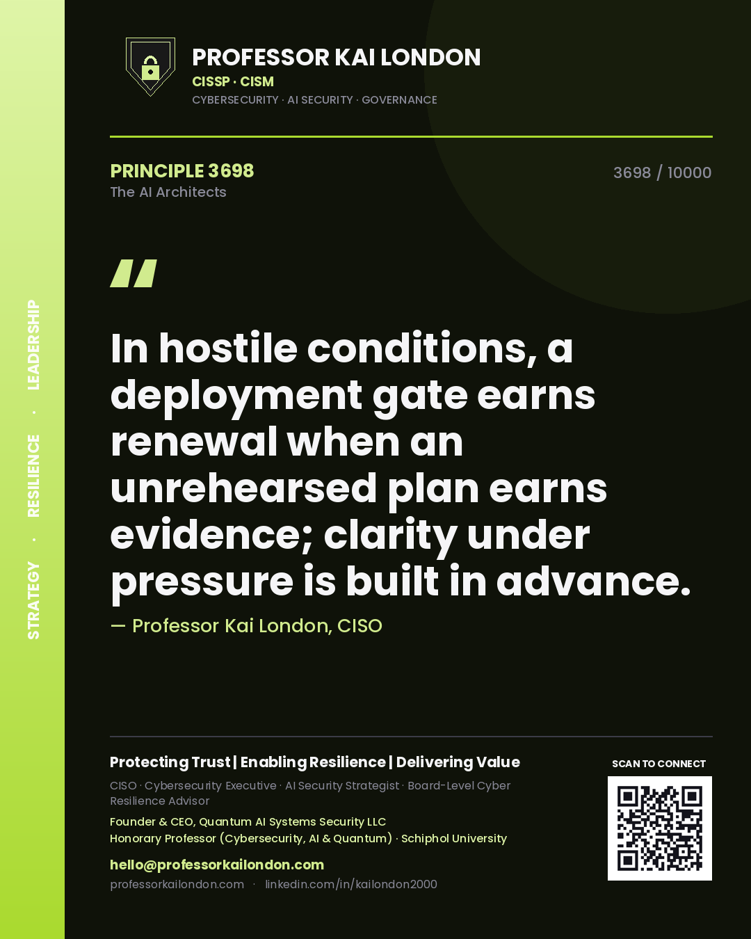 Professor Kai London principle 3698: In hostile conditions, a deployment gate earns renewal when an unrehearsed plan earns evidence; clarity under pressure is built in advance.