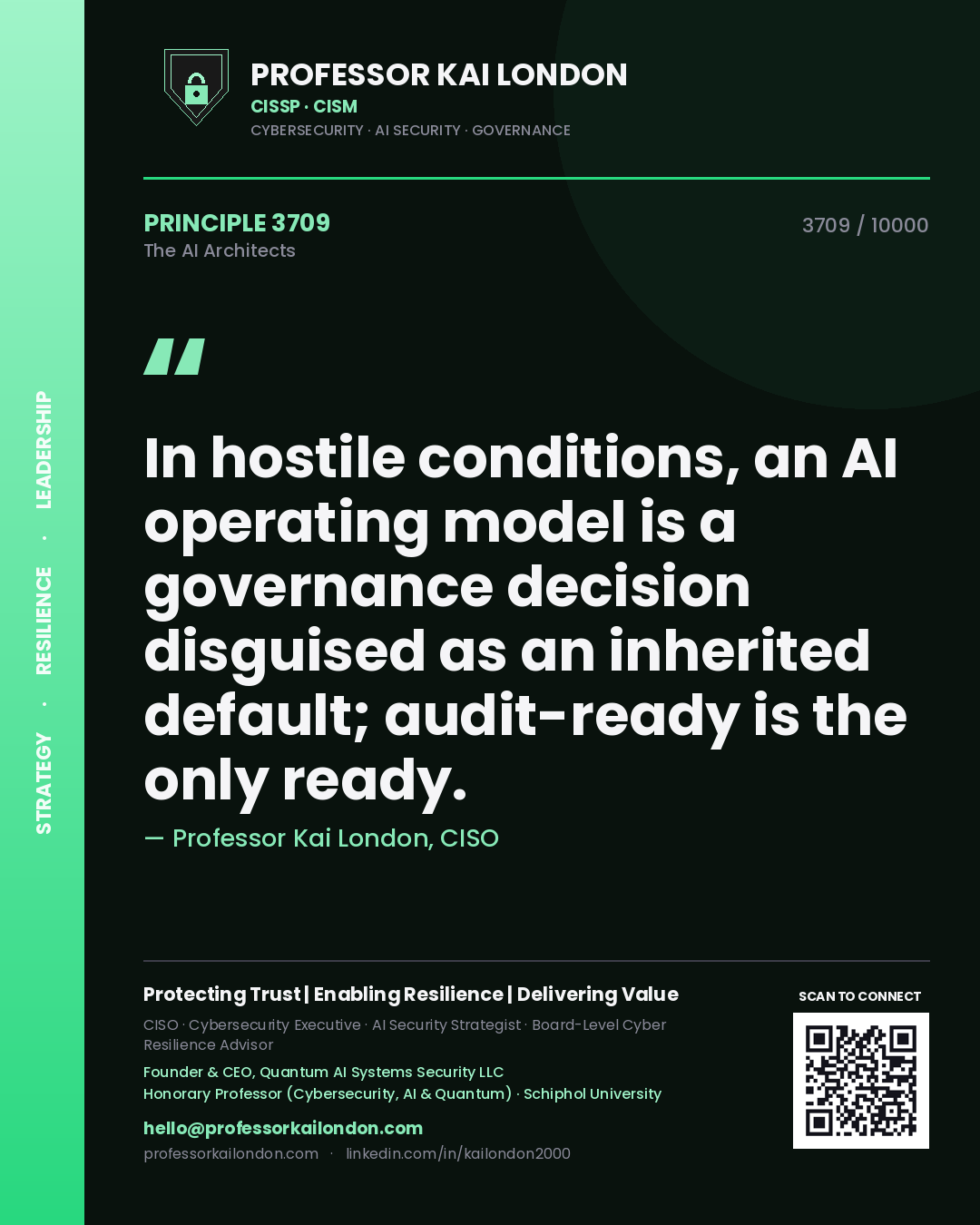 Quote card by Professor Kai London reading 'In hostile conditions, an AI operating model is a governance decision disguised as an inherited default; audit-ready is the only ready.'. From the book The AI Architects.