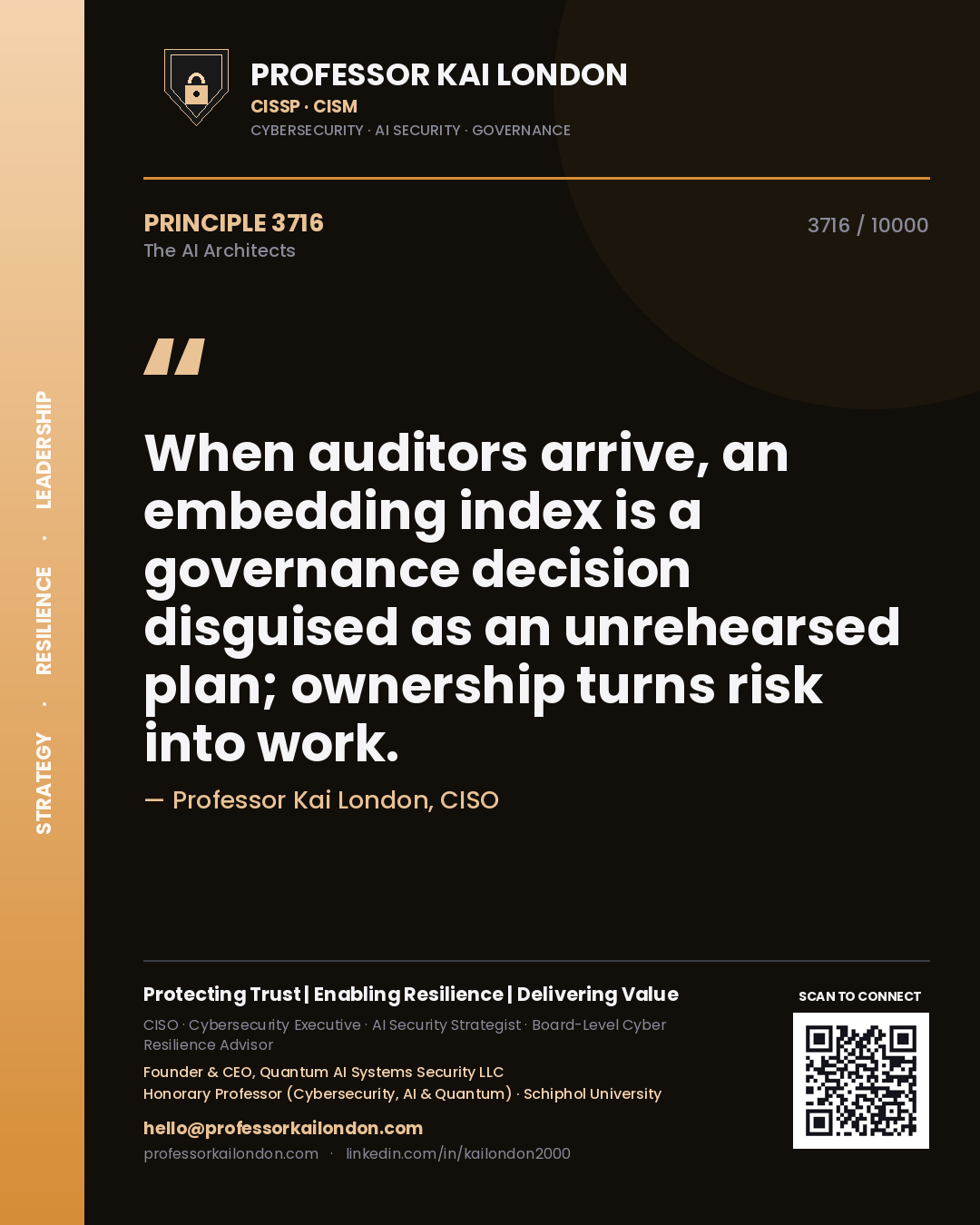Quote card by Professor Kai London reading 'When auditors arrive, an embedding index is a governance decision disguised as an unrehearsed plan; ownership turns risk into work.'. From the book The AI Architects.