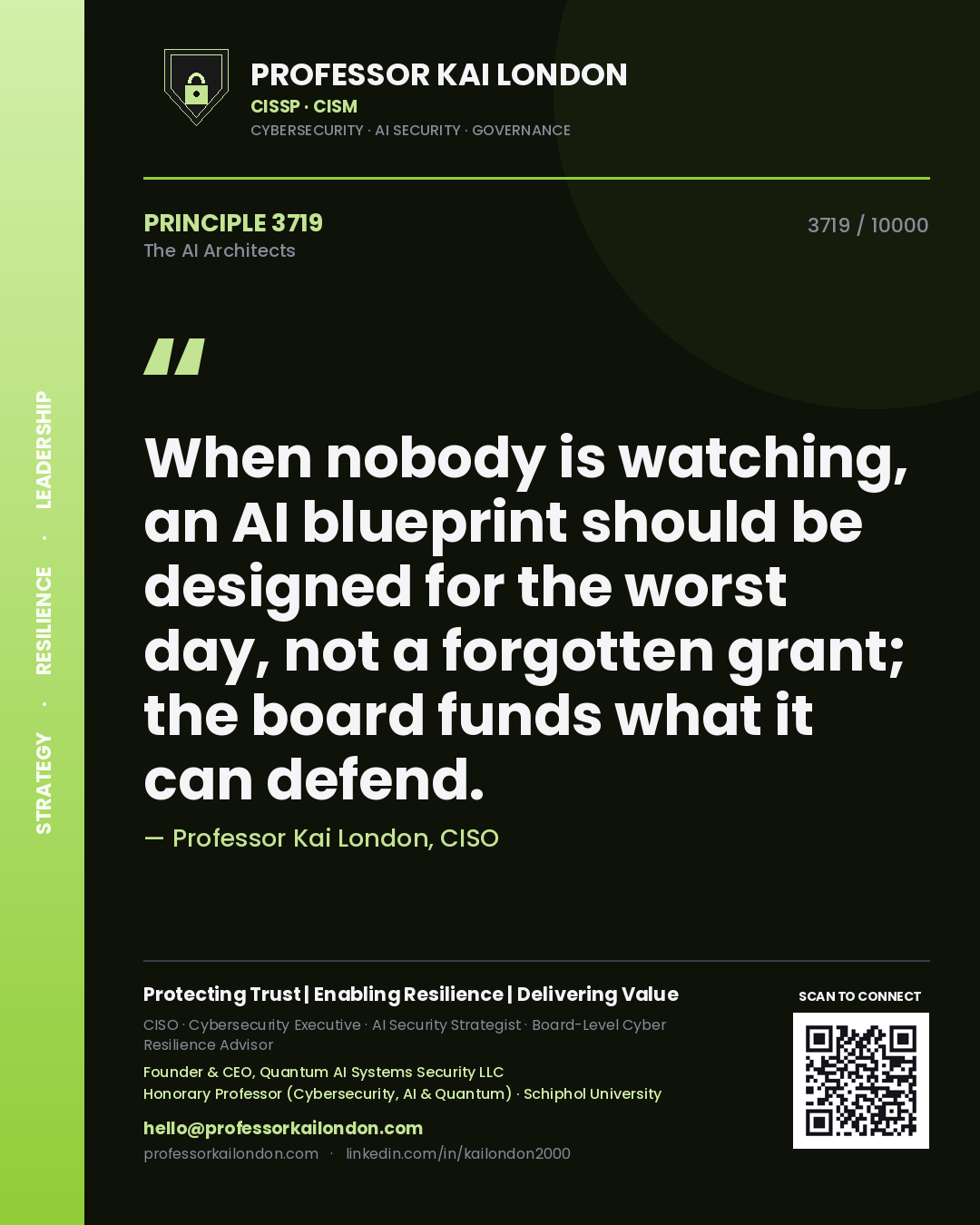 Professor Kai London principle 3719: When nobody is watching, an AI blueprint should be designed for the worst day, not a forgotten grant; the board funds what it can defend.