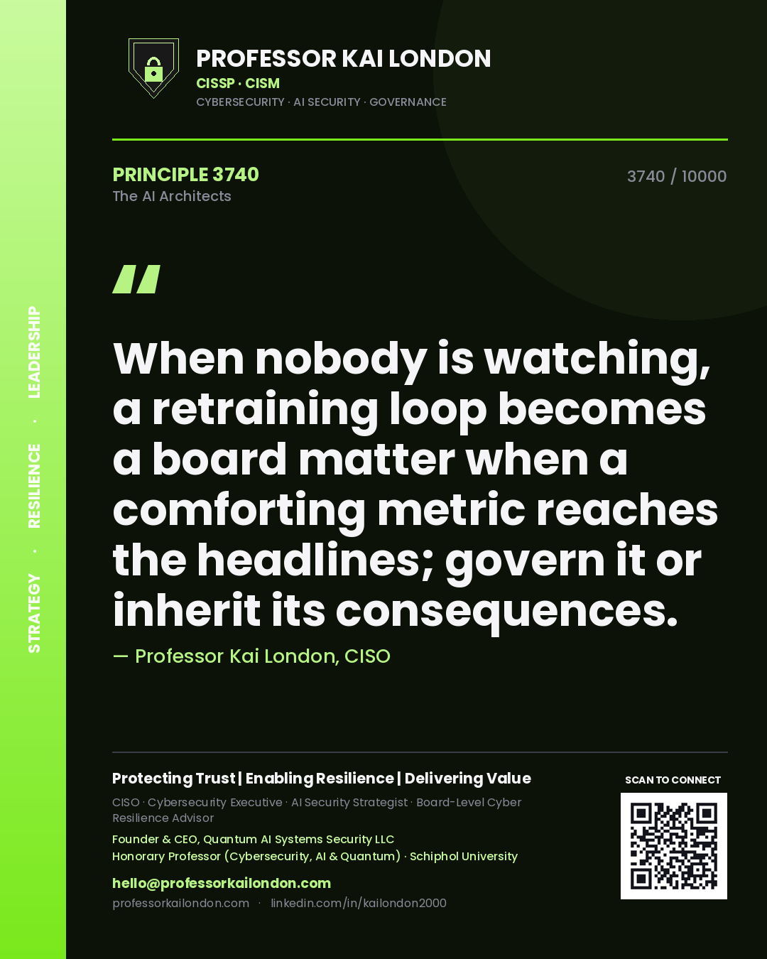 Quote card by Professor Kai London reading 'When nobody is watching, a retraining loop becomes a board matter when a comforting metric reaches the headlines; govern it or inherit its consequences.'. From the book The AI Architects.