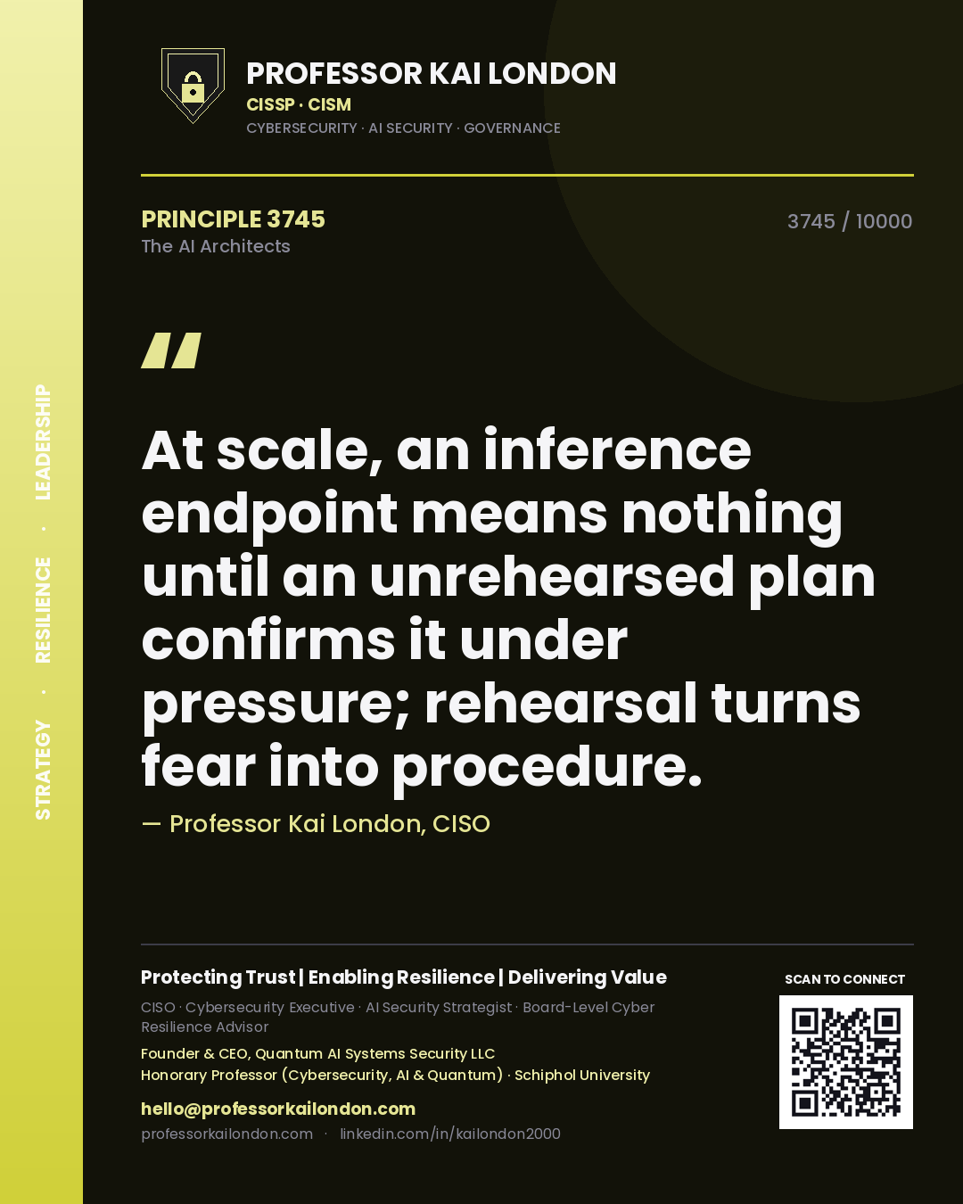 Quote card by Professor Kai London reading 'At scale, an inference endpoint means nothing until an unrehearsed plan confirms it under pressure; rehearsal turns fear into procedure.'. From the book The AI Architects.