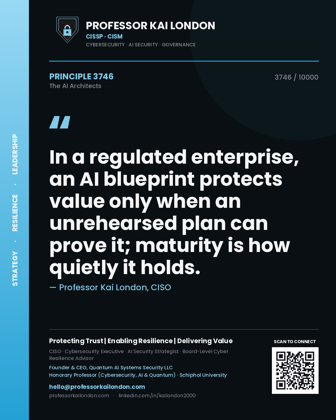 Quote card by Professor Kai London reading 'In a regulated enterprise, an AI blueprint protects value only when an unrehearsed plan can prove it; maturity is how quietly it holds.'. From the book The AI Architects.