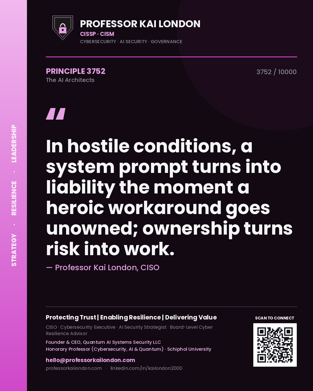 Quote card by Professor Kai London reading 'In hostile conditions, a system prompt turns into liability the moment a heroic workaround goes unowned; ownership turns risk into work.'. From the book The AI Architects.