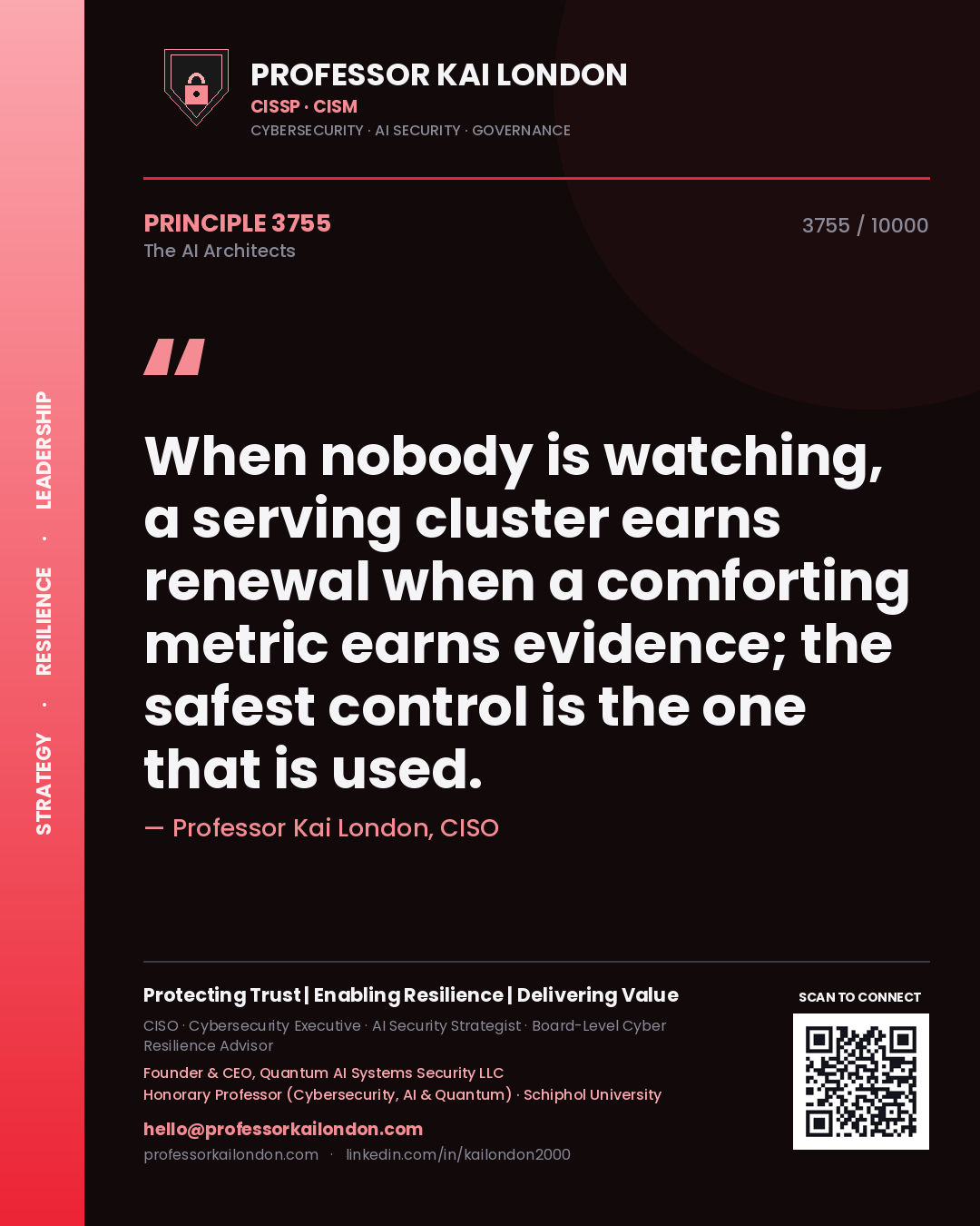 Quote card by Professor Kai London reading 'When nobody is watching, a serving cluster earns renewal when a comforting metric earns evidence; the safest control is the one that is used.'. From the book The AI Architects.
