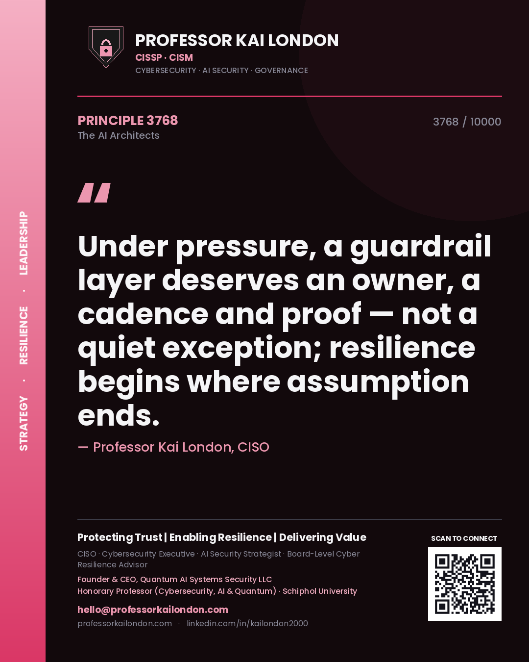 Quote card by Professor Kai London reading 'Under pressure, a guardrail layer deserves an owner, a cadence and proof — not a quiet exception; resilience begins where assumption ends.'. From the book The AI Architects.