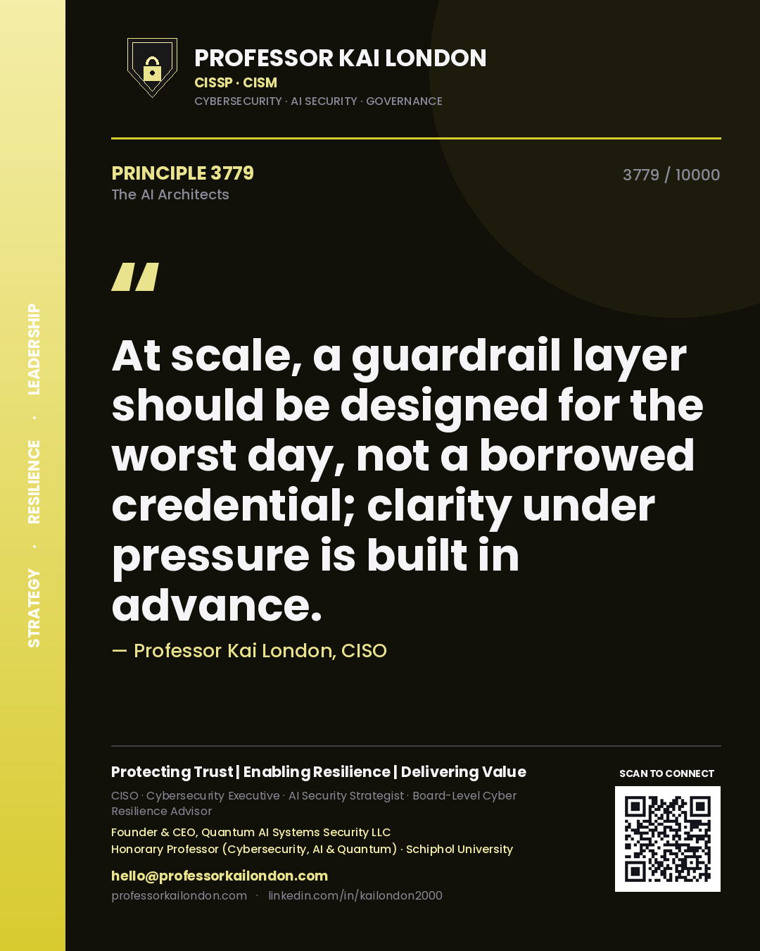 Quote card by Professor Kai London reading 'At scale, a guardrail layer should be designed for the worst day, not a borrowed credential; clarity under pressure is built in advance.'. From the book The AI Architects.