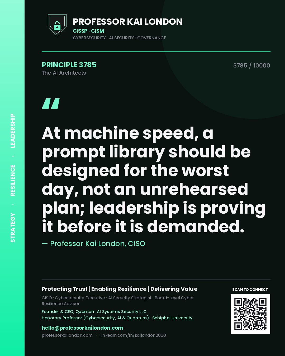 Quote card by Professor Kai London reading 'At machine speed, a prompt library should be designed for the worst day, not an unrehearsed plan; leadership is proving it before it is demanded.'. From the book The AI Architects.