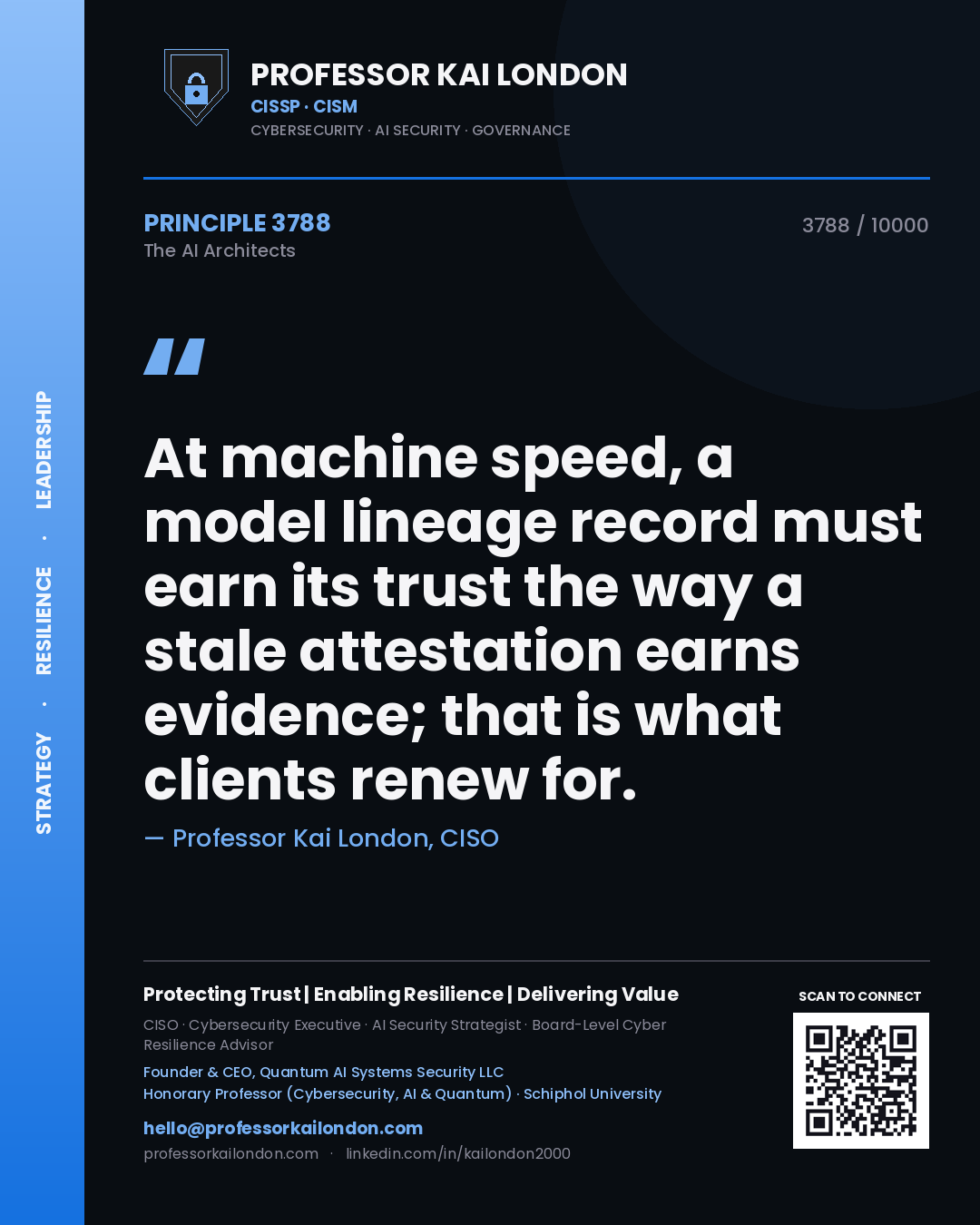 Quote card by Professor Kai London reading 'At machine speed, a model lineage record must earn its trust the way a stale attestation earns evidence; that is what clients renew for.'. From the book The AI Architects.