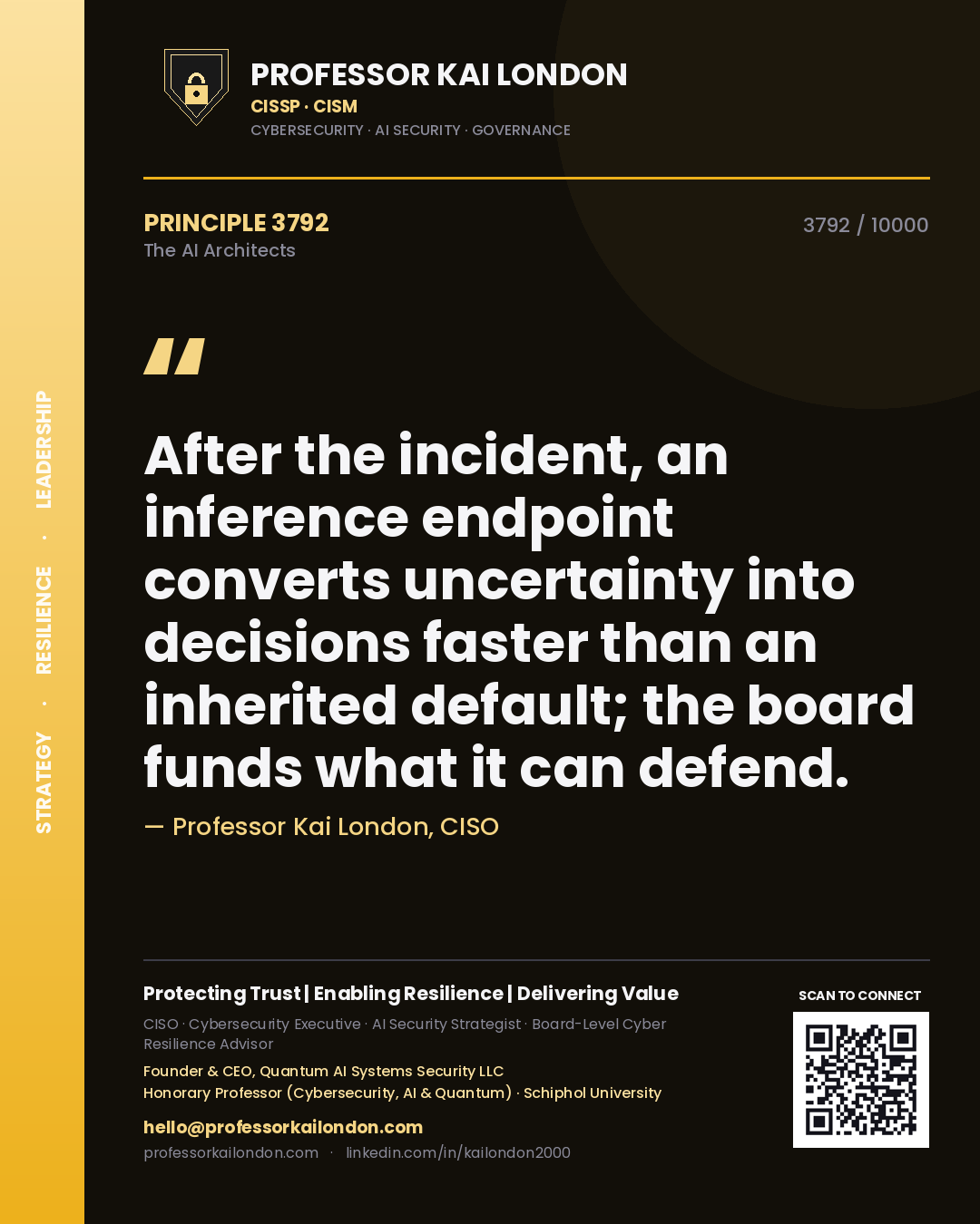 Quote card by Professor Kai London reading 'After the incident, an inference endpoint converts uncertainty into decisions faster than an inherited default; the board funds what it can defend.'. From the book The AI Architects.