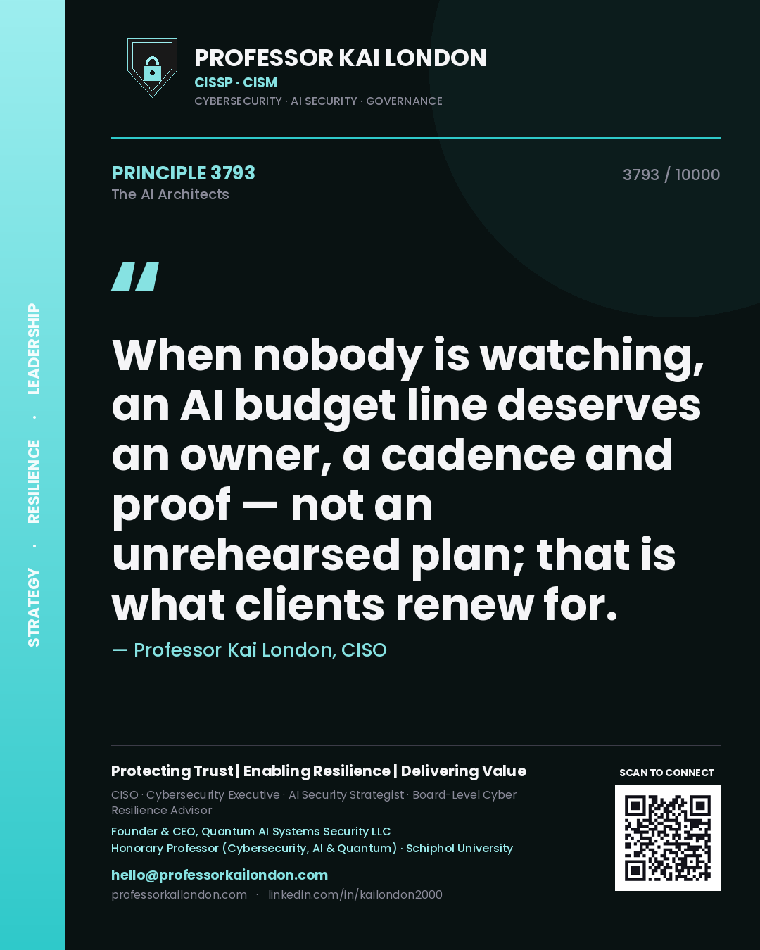 Quote card by Professor Kai London reading 'When nobody is watching, an AI budget line deserves an owner, a cadence and proof — not an unrehearsed plan; that is what clients renew for.'. From the book The AI Architects.