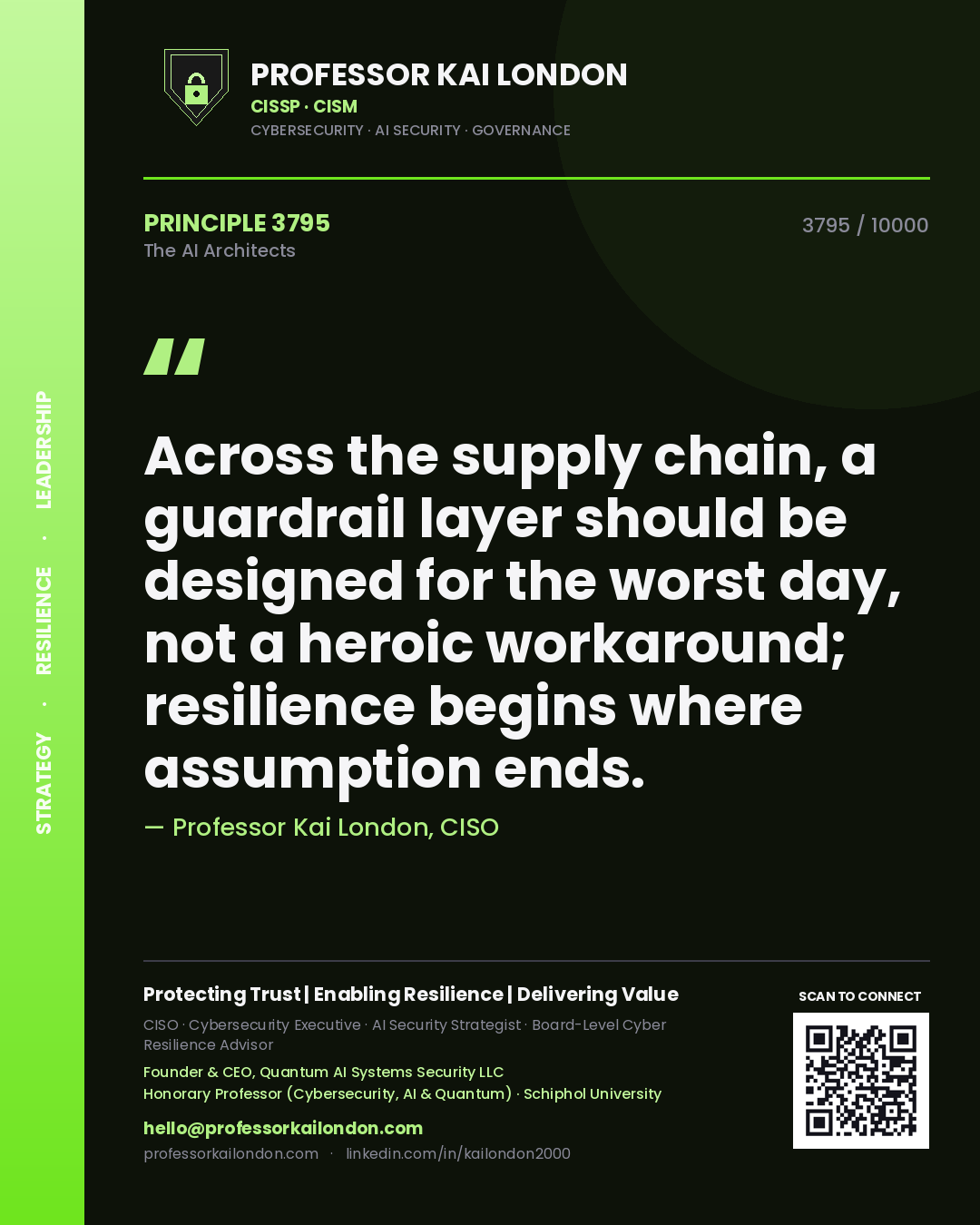 Quote card by Professor Kai London reading 'Across the supply chain, a guardrail layer should be designed for the worst day, not a heroic workaround; resilience begins where assumption ends.'. From the book The AI Architects.