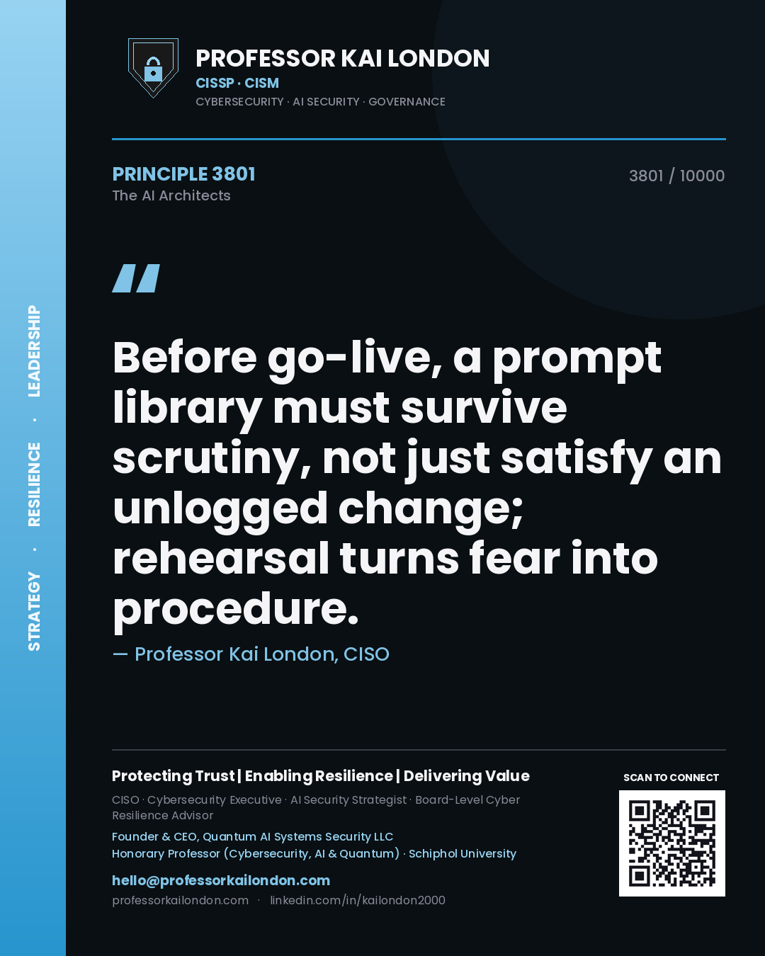 Quote card by Professor Kai London reading 'Before go-live, a prompt library must survive scrutiny, not just satisfy an unlogged change; rehearsal turns fear into procedure.'. From the book The AI Architects.