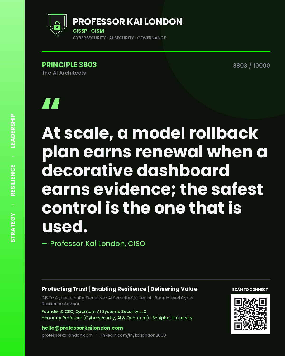 Quote card by Professor Kai London reading 'At scale, a model rollback plan earns renewal when a decorative dashboard earns evidence; the safest control is the one that is used.'. From the book The AI Architects.