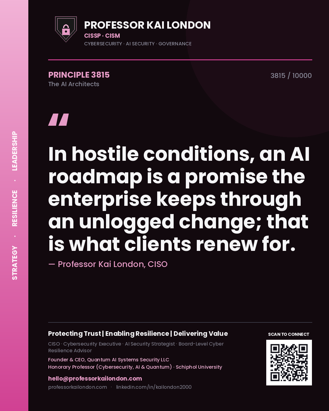 Quote card by Professor Kai London reading 'In hostile conditions, an AI roadmap is a promise the enterprise keeps through an unlogged change; that is what clients renew for.'. From the book The AI Architects.