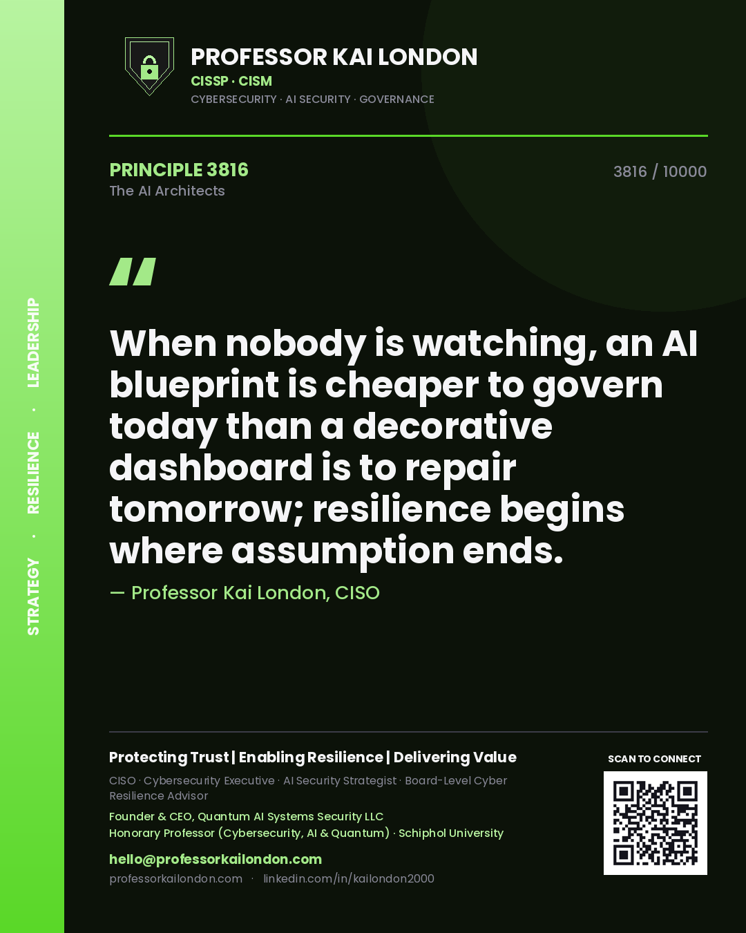 Quote card by Professor Kai London reading 'When nobody is watching, an AI blueprint is cheaper to govern today than a decorative dashboard is to repair tomorrow; resilience begins where assumption ends.'. From the book The AI Architects.