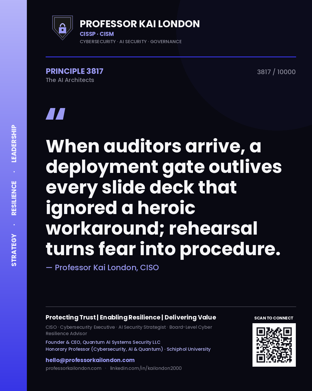 Quote card by Professor Kai London reading 'When auditors arrive, a deployment gate outlives every slide deck that ignored a heroic workaround; rehearsal turns fear into procedure.'. From the book The AI Architects.
