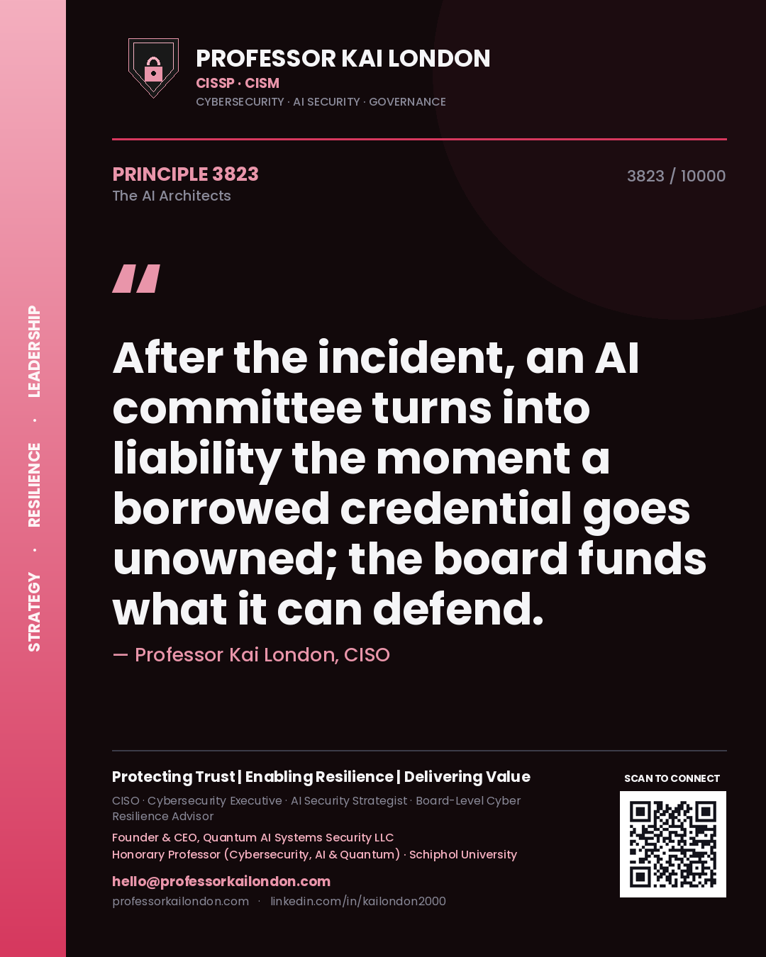 Quote card by Professor Kai London reading 'After the incident, an AI committee turns into liability the moment a borrowed credential goes unowned; the board funds what it can defend.'. From the book The AI Architects.