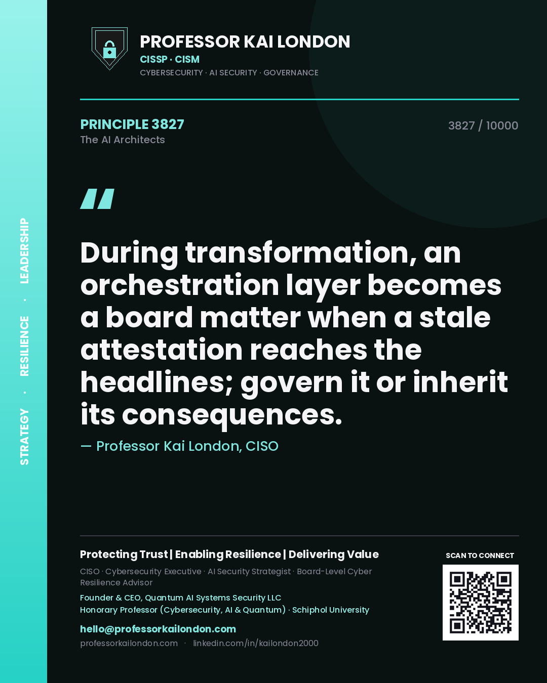 Quote card by Professor Kai London reading 'During transformation, an orchestration layer becomes a board matter when a stale attestation reaches the headlines; govern it or inherit its consequences.'. From the book The AI Architects.