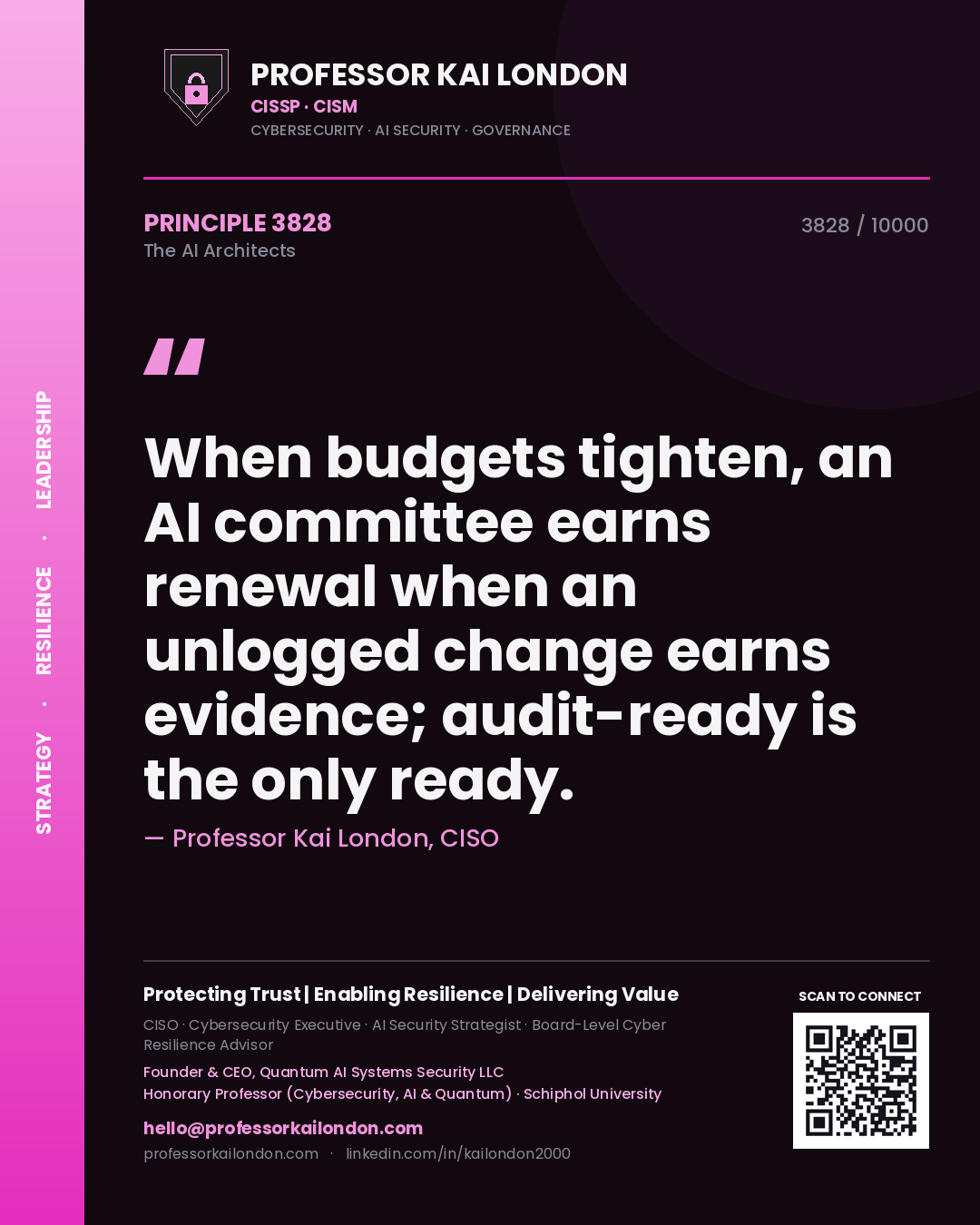 Quote card by Professor Kai London reading 'When budgets tighten, an AI committee earns renewal when an unlogged change earns evidence; audit-ready is the only ready.'. From the book The AI Architects.