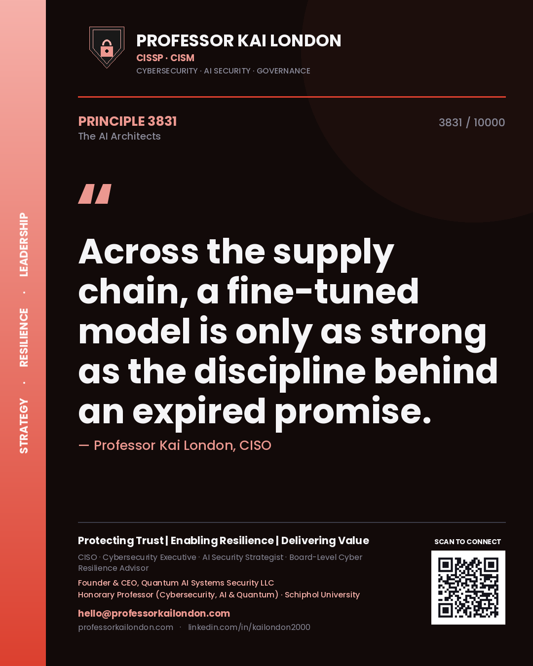 Quote card by Professor Kai London reading 'Across the supply chain, a fine-tuned model is only as strong as the discipline behind an expired promise.'. From the book The AI Architects.