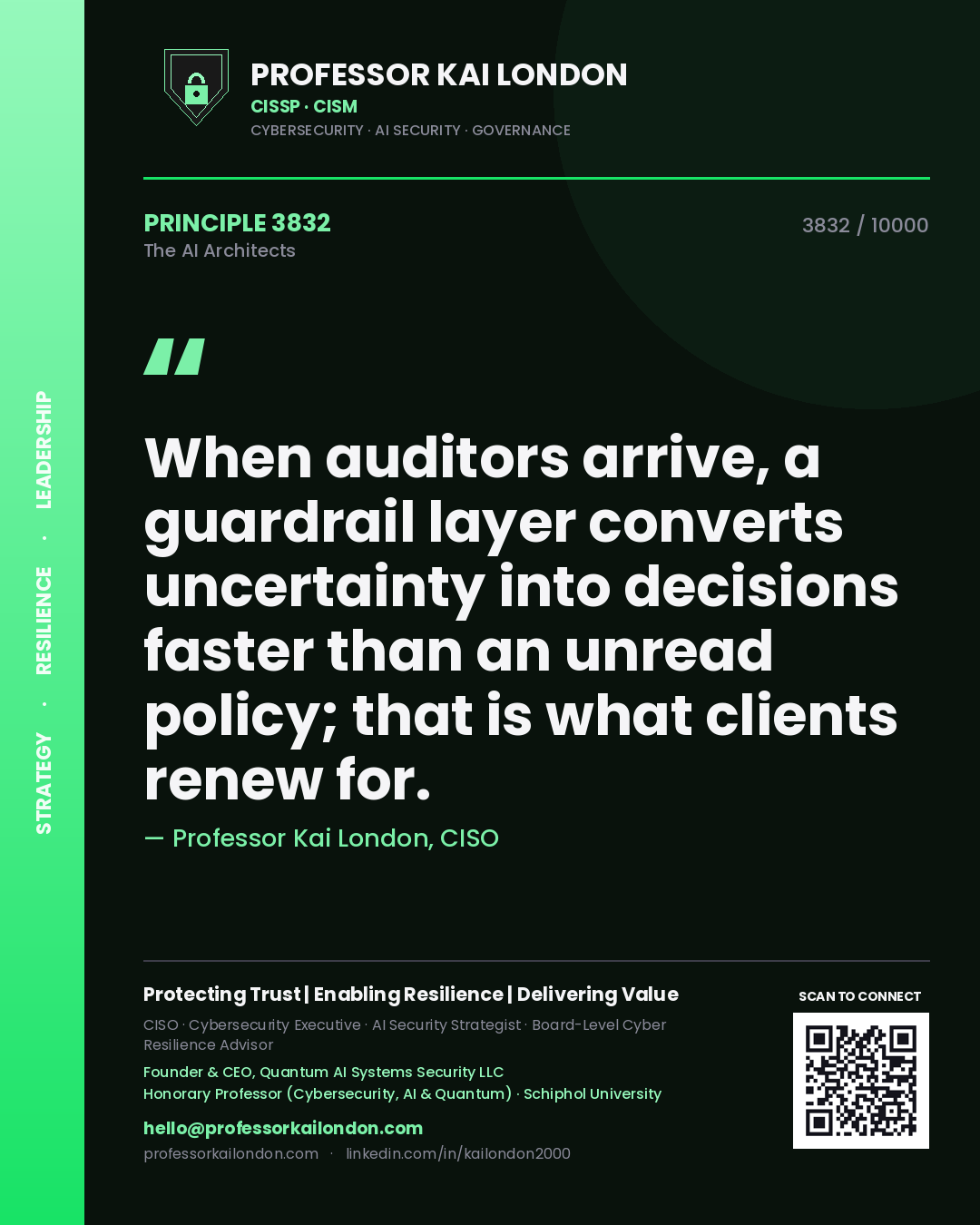 Quote card by Professor Kai London reading 'When auditors arrive, a guardrail layer converts uncertainty into decisions faster than an unread policy; that is what clients renew for.'. From the book The AI Architects.