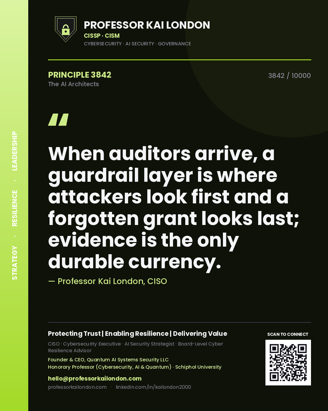 Quote card by Professor Kai London reading 'When auditors arrive, a guardrail layer is where attackers look first and a forgotten grant looks last; evidence is the only durable currency.'. From the book The AI Architects.