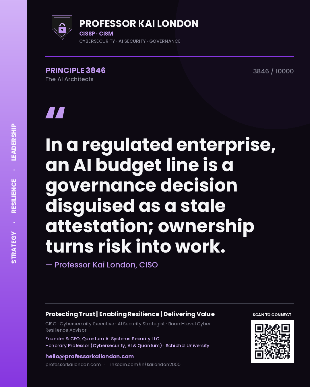 Quote card by Professor Kai London reading 'In a regulated enterprise, an AI budget line is a governance decision disguised as a stale attestation; ownership turns risk into work.'. From the book The AI Architects.