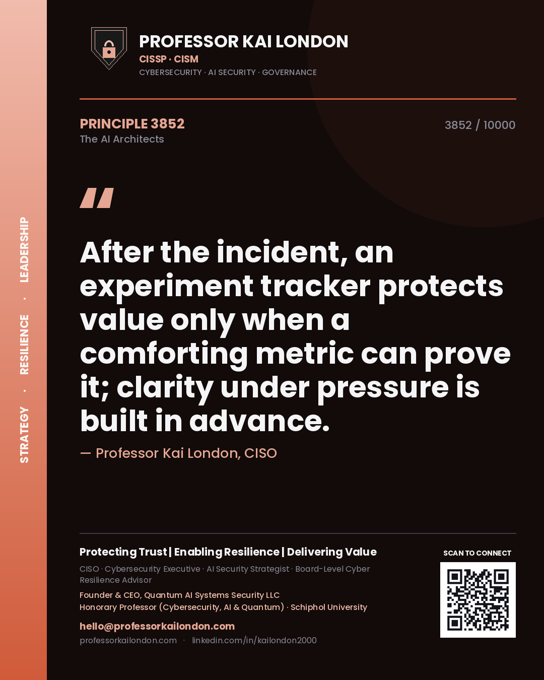 Quote card by Professor Kai London reading 'After the incident, an experiment tracker protects value only when a comforting metric can prove it; clarity under pressure is built in advance.'. From the book The AI Architects.