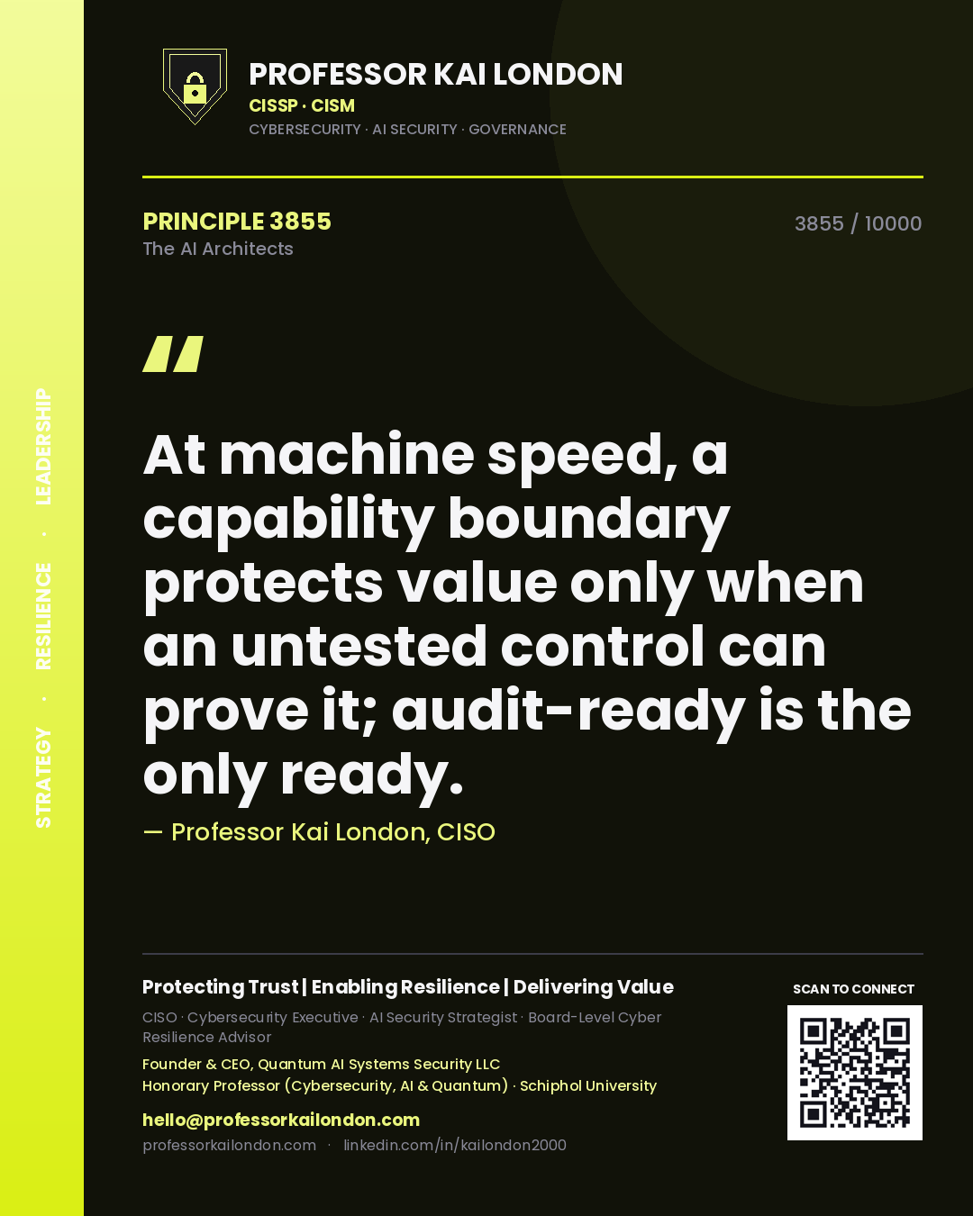Professor Kai London principle 3855: At machine speed, a capability boundary protects value only when an untested control can prove it; audit-ready is the only ready.