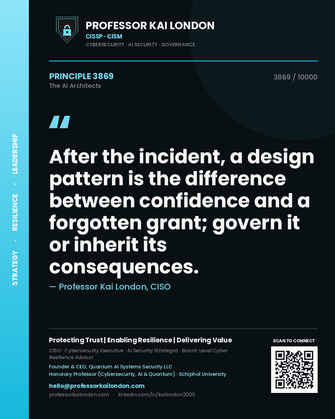 Quote card by Professor Kai London reading 'After the incident, a design pattern is the difference between confidence and a forgotten grant; govern it or inherit its consequences.'. From the book The AI Architects.