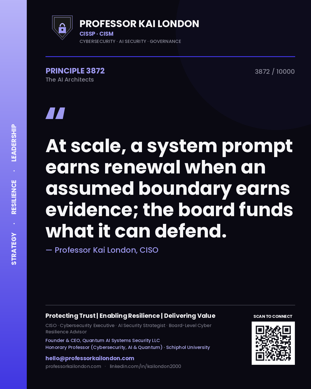 Quote card by Professor Kai London reading 'At scale, a system prompt earns renewal when an assumed boundary earns evidence; the board funds what it can defend.'. From the book The AI Architects.